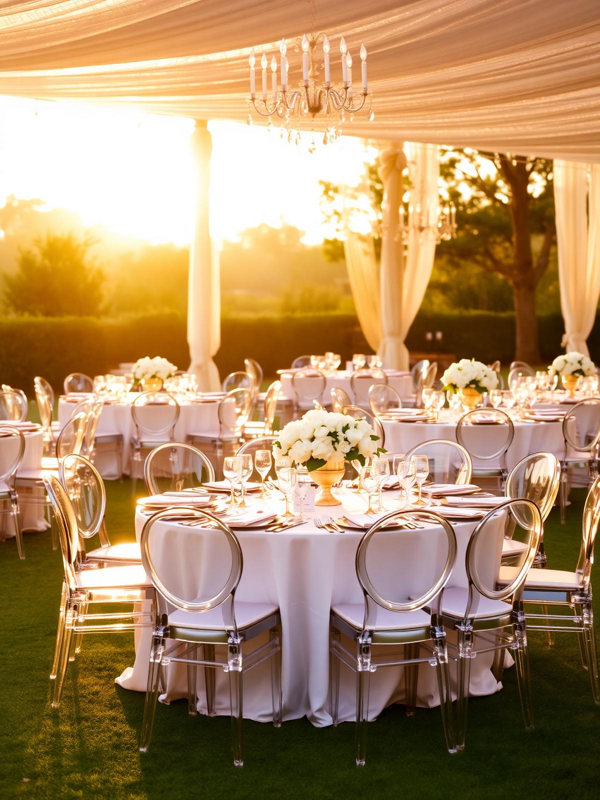 Réception de mariage en extérieur avec chaises Napoléon transparentes et centres de table dorés au coucher du soleil